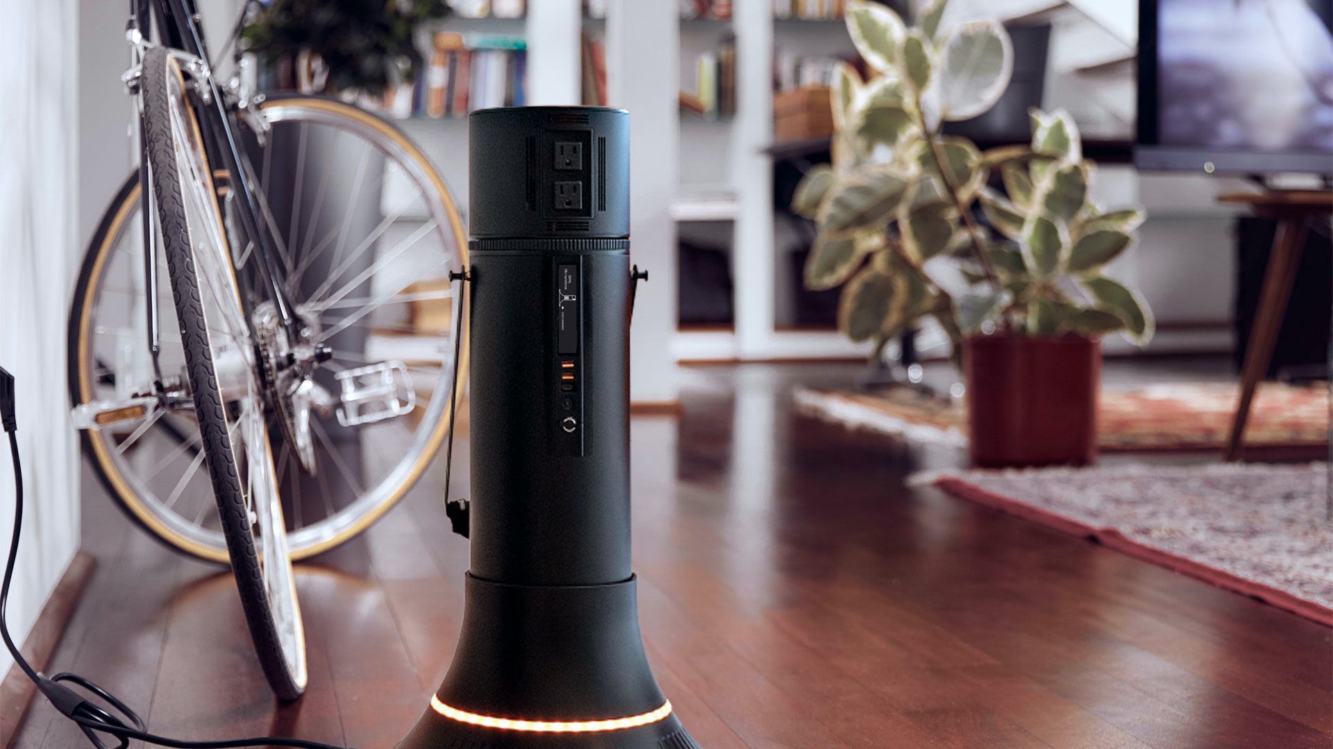 Terrace Solar battery storage unit standing on a wooden floor in a living room.
